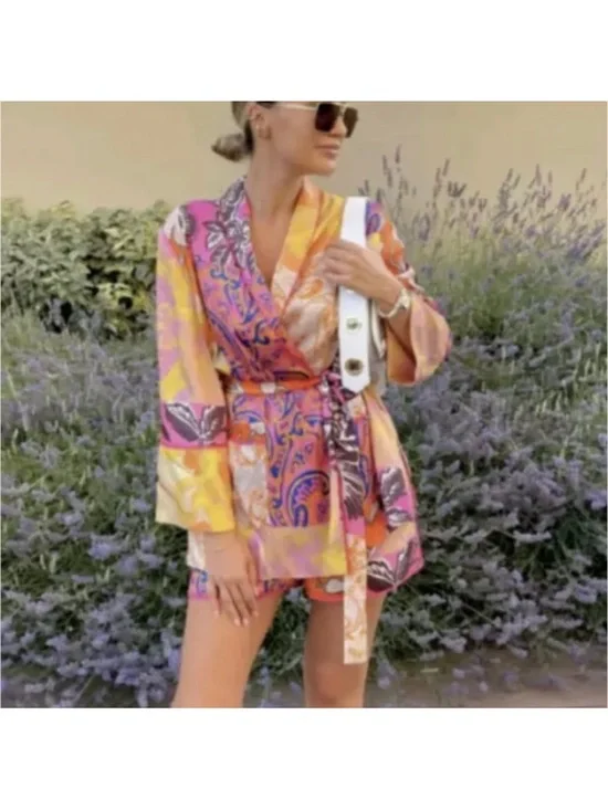 Zara Belted Multicolor Printed Kimono Jacket XS Oversized - Picture 2 of 8